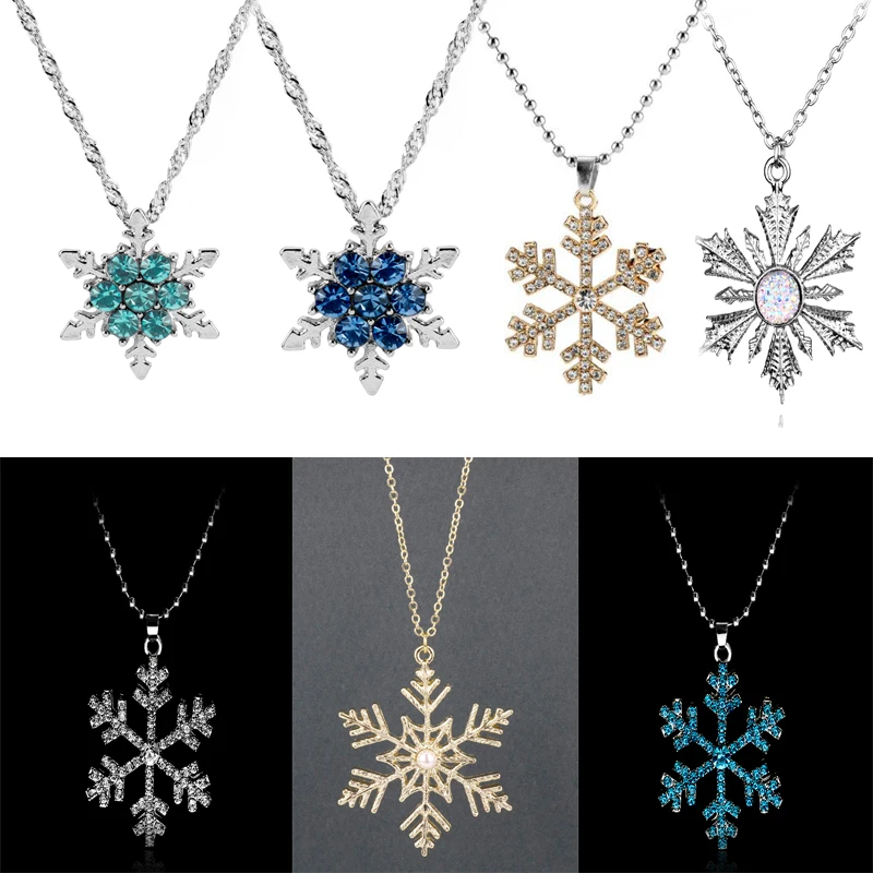 Blue Crystal Snowflake Princess Elsa Anna Snow Queen Flower Pendant Necklace For Women Girls Rhinestone Chain Necklace Jewelry