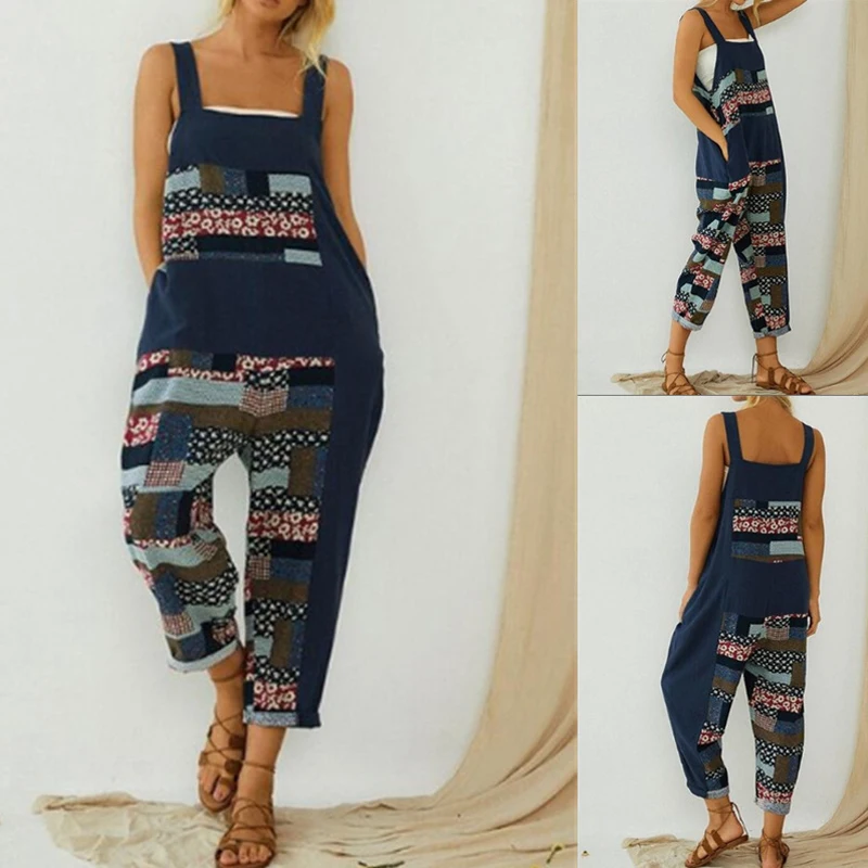 

Women Patchwork Print Linen Cotton Jumpsuit Summer Sleeveless Backless Playsuits Lady Pockets Wide Leg Trousers Rompers Overalls
