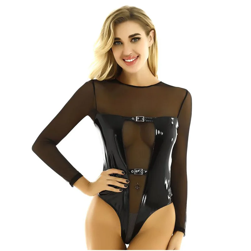 Женское кожаное боди прозрачное Сетчатое сращенное сексуальное Эротическое Wetlook