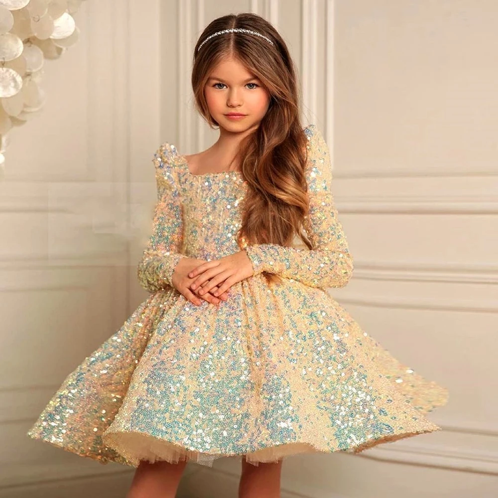 Long sleeve Formal Bridesmaids Sequins for Girl Birthday Dress Elegant Fluffy Bow Party Wedding Princess Dresses Baptism Costume