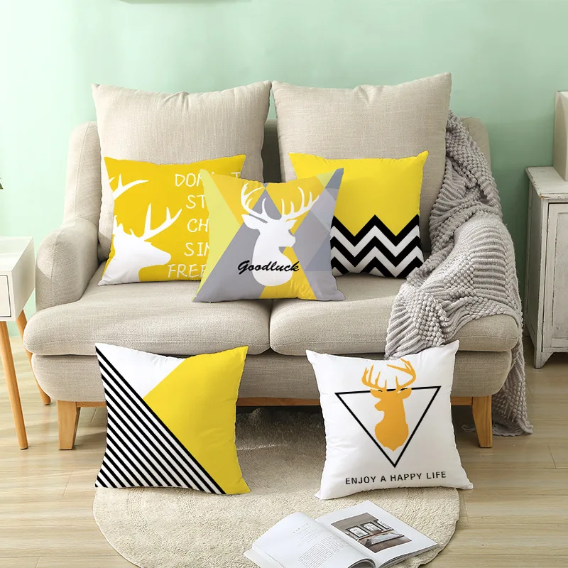 

2022 Nordic Simple Home Sofa Geometric Elk Plush Pillowcase Living Room Office Pillow Cover Yellow Elk Household Decoration