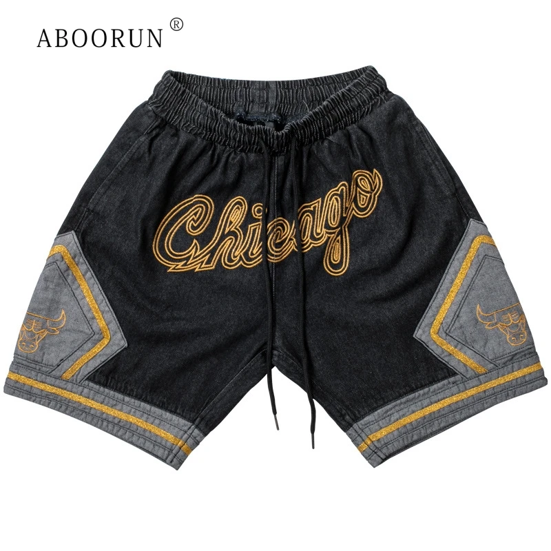 Мужские джинсовые шорты ABOORUN летние в стиле хип-хоп с вышивкой - Цена: 2418.2
