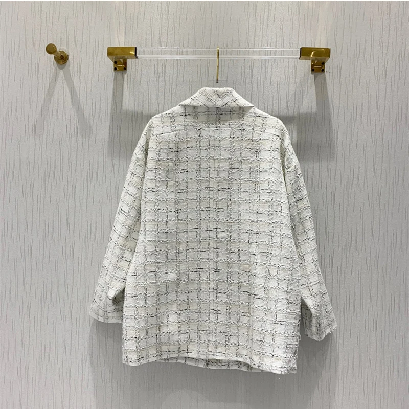 New Black and white plaid medium length suit coat women's Woolen soft top