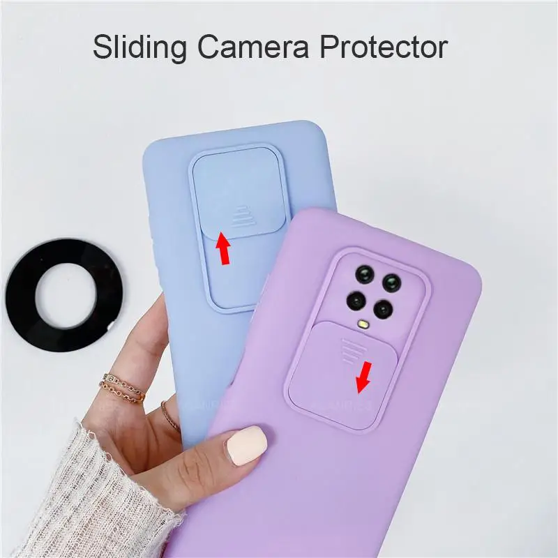 slide camera protector liquid silicone phone case on for xiaomi redmi note 9 pro max note9 s 9s 9pro xiomi soft back cover capa free global shipping