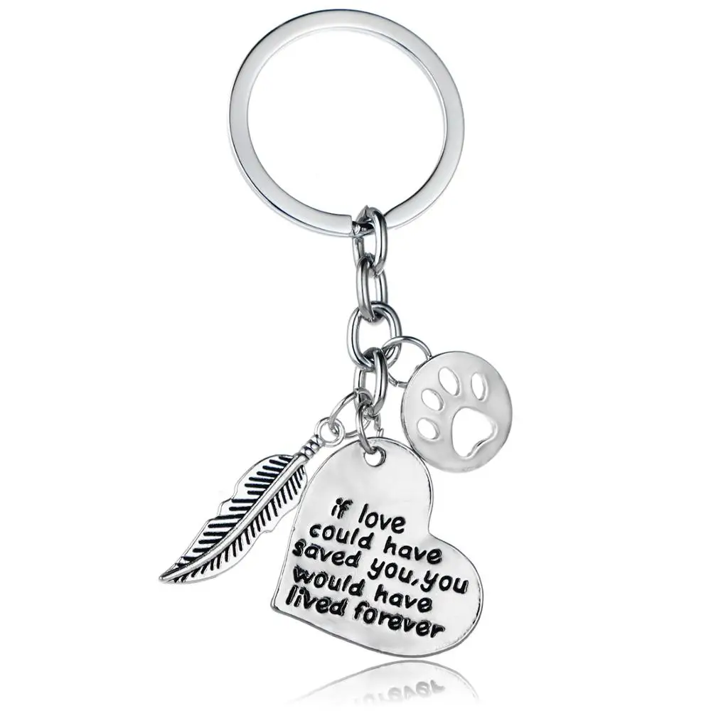 

12PC Round Dog Paw Hollow Feather Pendant Keychain If Love Could Have Saved You Pet Memorial Heart Keyring Animals Lovers Gifts