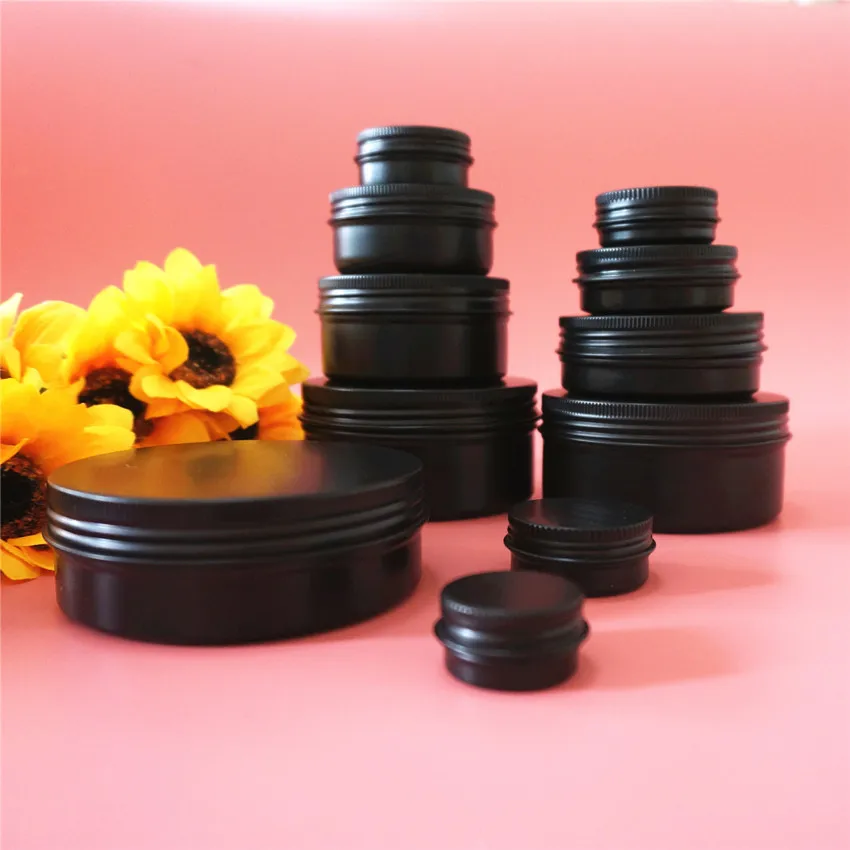 

200g Black Empty Cosmetic Aluminum Box 82*43mm Metal Tin Cans 200ml Containers Round Cream DIY Cosmetic Jar Tea Aluminum Pot