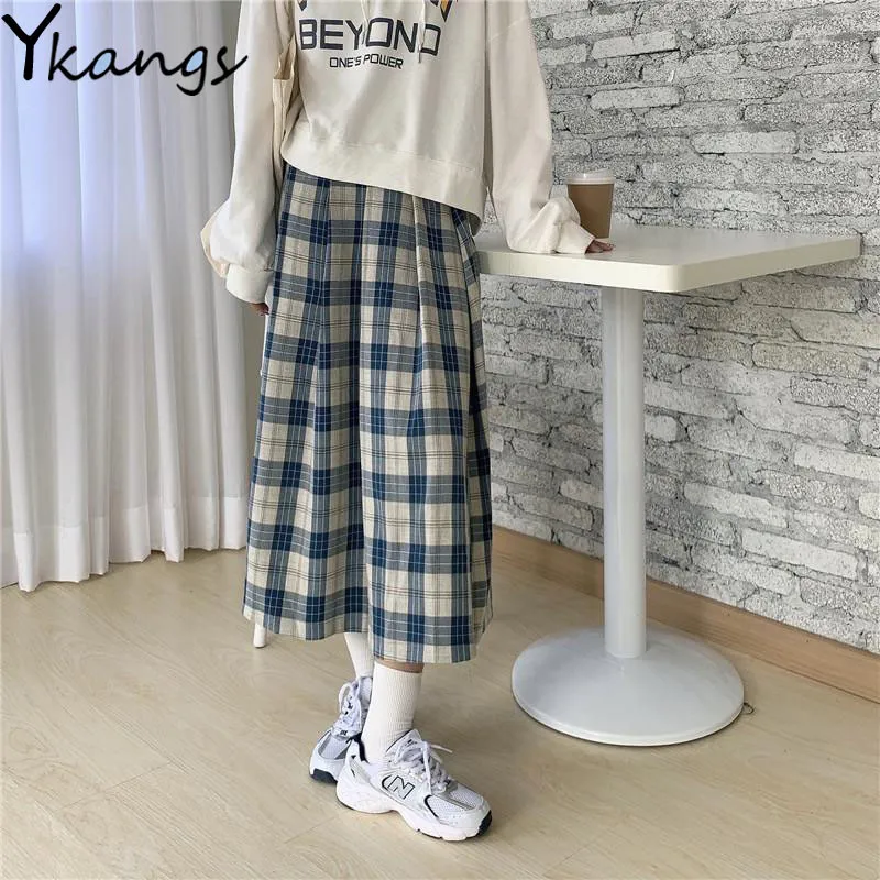 

Vintage Spring pleated plaid Skirt harajuku Women High waist Long skirt 2020 Korean Fashion Autumn clothing Students Midi faldas