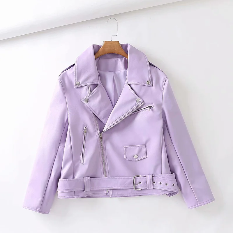 

Winter style Women Faux Leather Jacket Streetwear Lapel Female Oversized Purple Pu Leather Loose Coat with Belt Autumn Lady