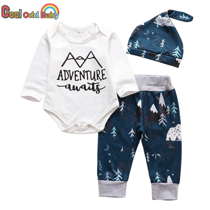 

3Pcs Toddler Newborn Baby Boy Clothes Set Long Sleeve Letter Adventure Romper Tops+Pants and Hat Autumn Infant Clothing Outfits