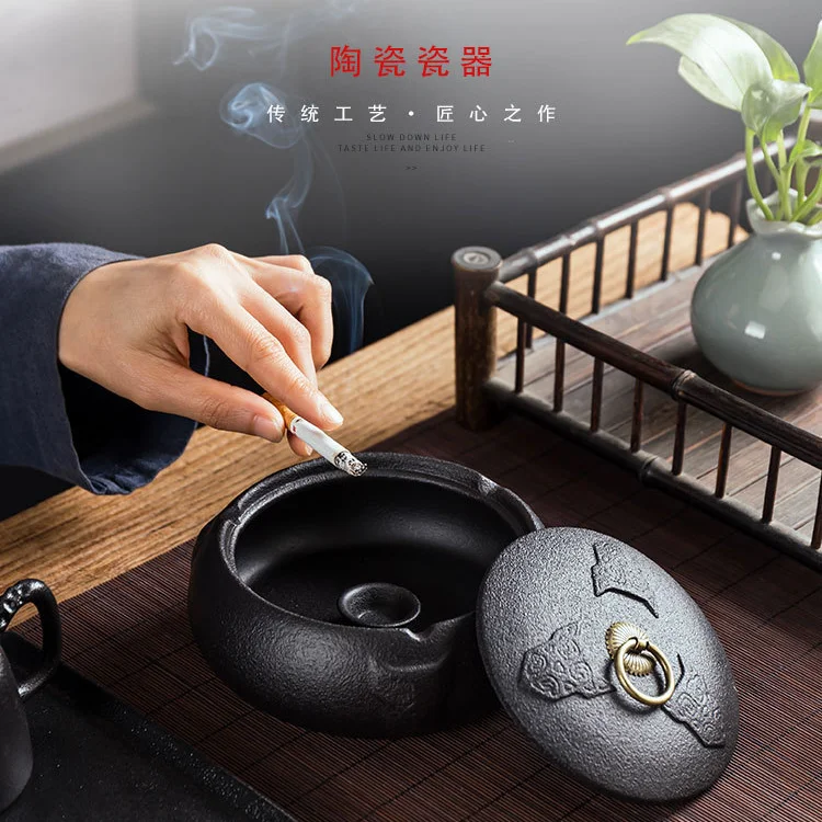 Large ashtray ancient Chinese style tea table sitting room home office fly ash proof Chinese ceramic ashtray