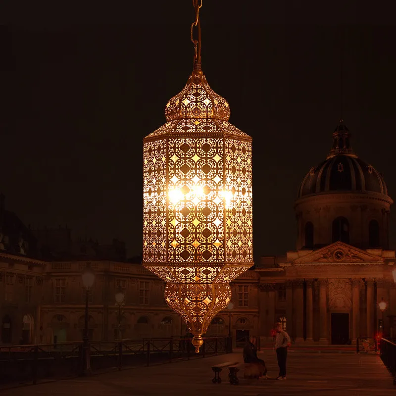 

European retro Moroccan style copper chandelier lamp hollow flower hotel restaurant bar counter art deco lights E14*3