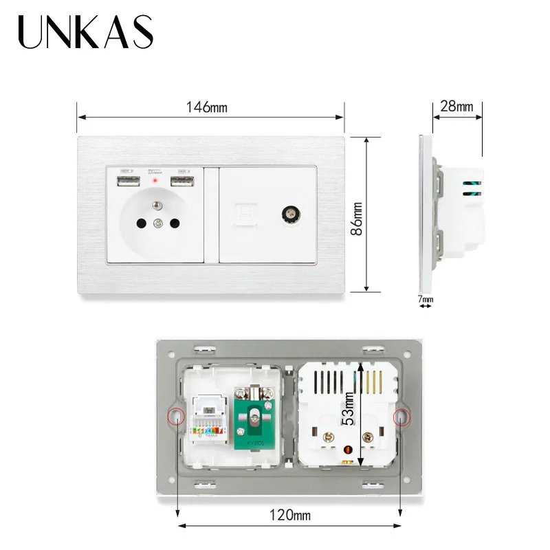 UNKAS алюминиевая панель матовая французская стандартная розетка с двумя USB