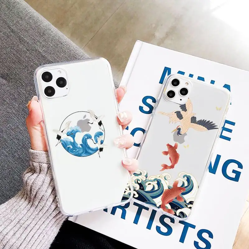 

Crane and Koi Chinese style Phone Case Transparent Clear for iPhone 11 12 mini pro XS MAX 7 8 6 6S Plus X 5S SE 2020 XR