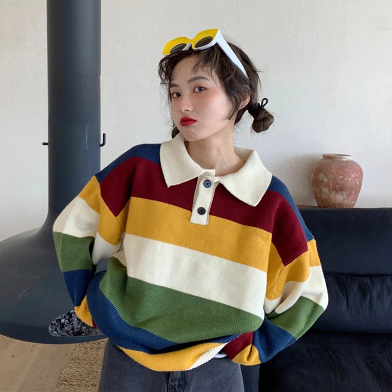 

Striped Sweater Female 2021 New Loose Lazy Style Student Long Sleeve Polo Collar Sweater Coat Fashion