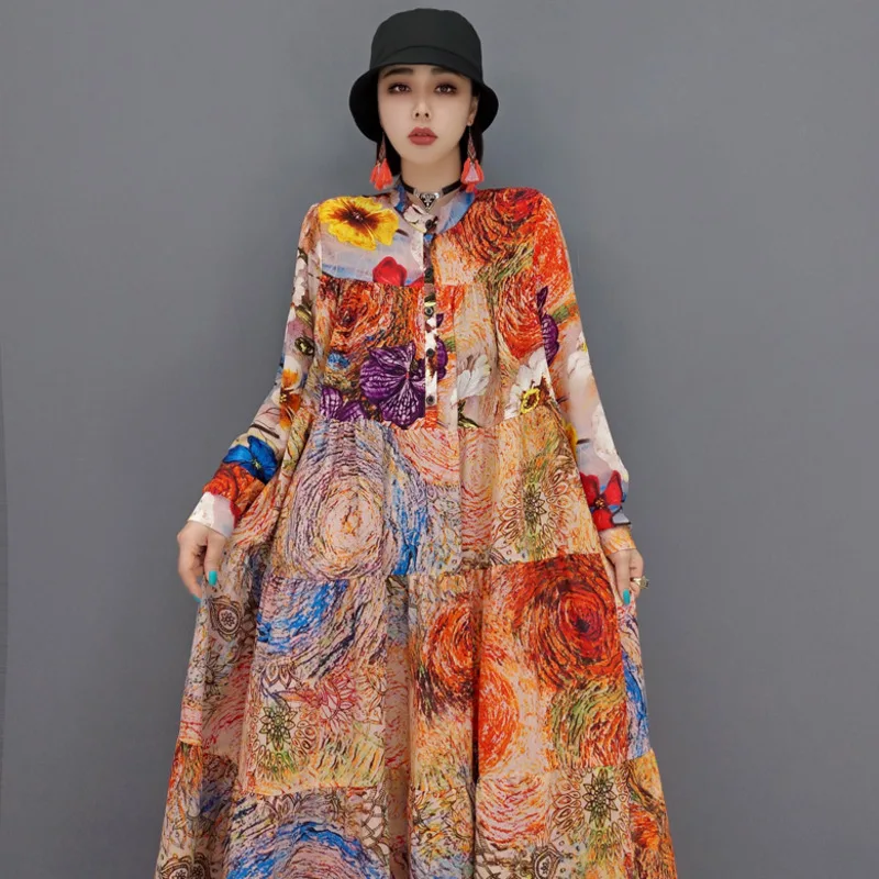 

SHENGPALAE Fashion Casual Red Printed Dress Women Autumn 2021 New Round Neck Long Sleeve Shirt Yellow Dresses Female Tide 5E2481