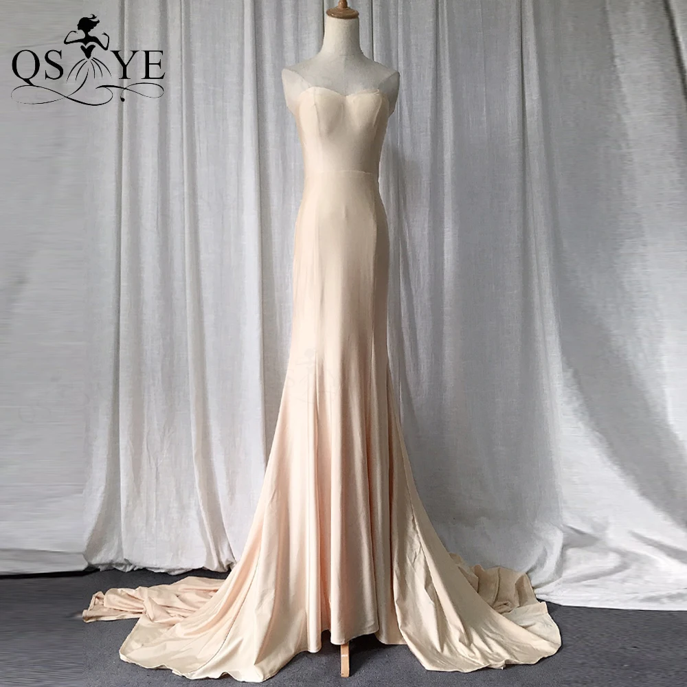 

Champagne Prom Dress Long Stretch Evening Gown Strapless Elastic Party Formal Gown Long Slim Off Shoulder Women Dress Wide Tail