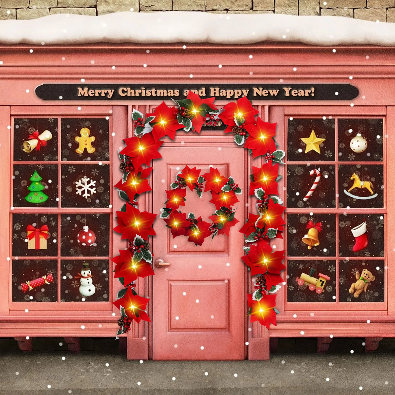 

6.5FT Lighted Poinsettia Christmas Garland with 20 Lights Christmas Poinsettia Garland Lights