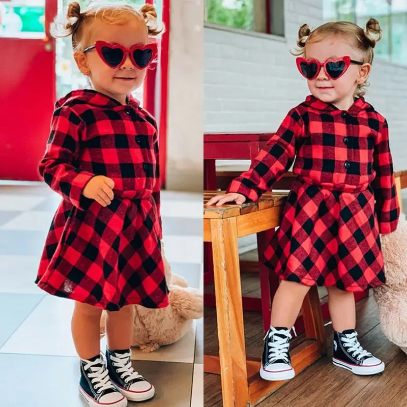 Платье в клетку с капюшоном Pudcoco весна-осень для малышек и детей, рождественского цвета для девочек, наряд для Рождества 1-6T.
