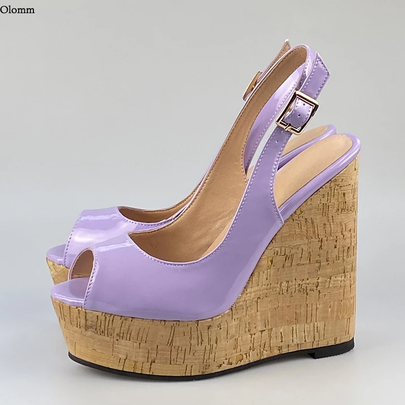 Olomm Hot Handmade Women Sandals Buckle Strap Wedges High Heels Peep Toe Gorgeous 10 Colors Prom Shoes Women US Plus Size 5-20