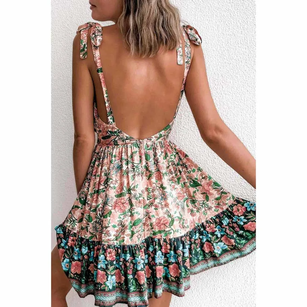 

Women Holiday Style Sexy Solid Sleeveless Casual Mini Dress Boho Floral Mini Dress Female Summer Holiday Sundress Drop Shipping