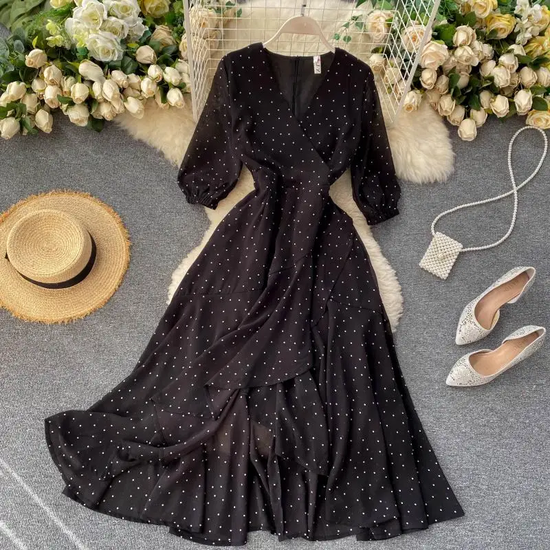 Платье SINGRAIN женское черное в горошек модное винтажное праздничное платье