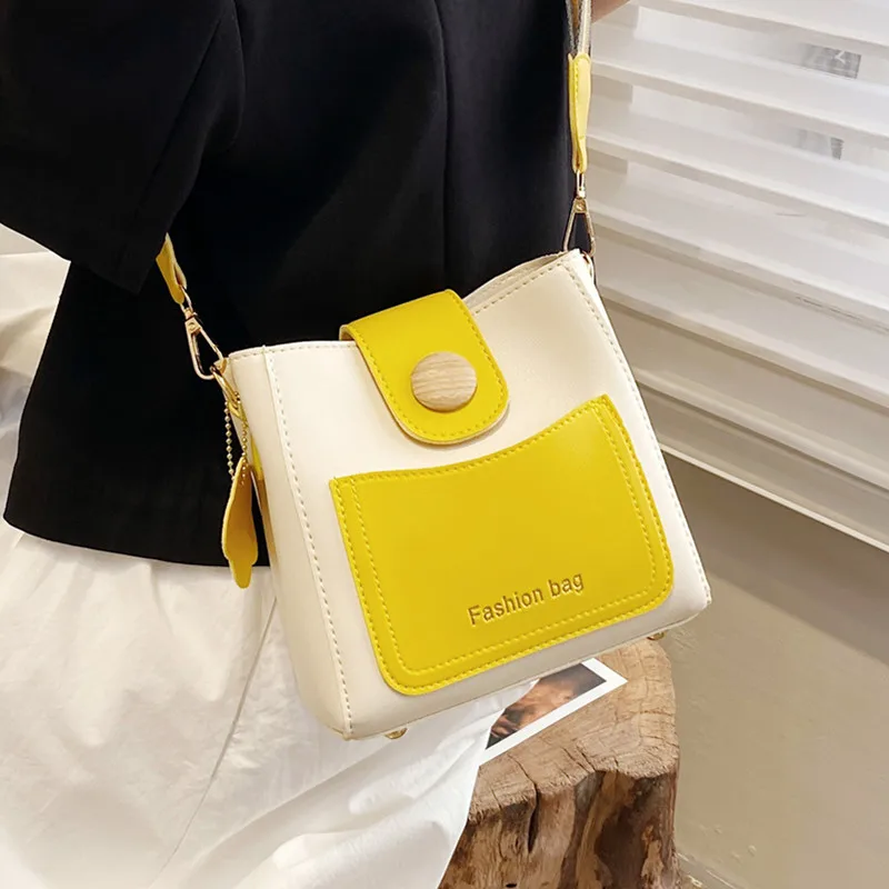 

Small Contrast Color Bucket Bags Designer Women Broadband Pu Leather Crossbody Handbag Female Wide Shoulder Strap Messenger Bag