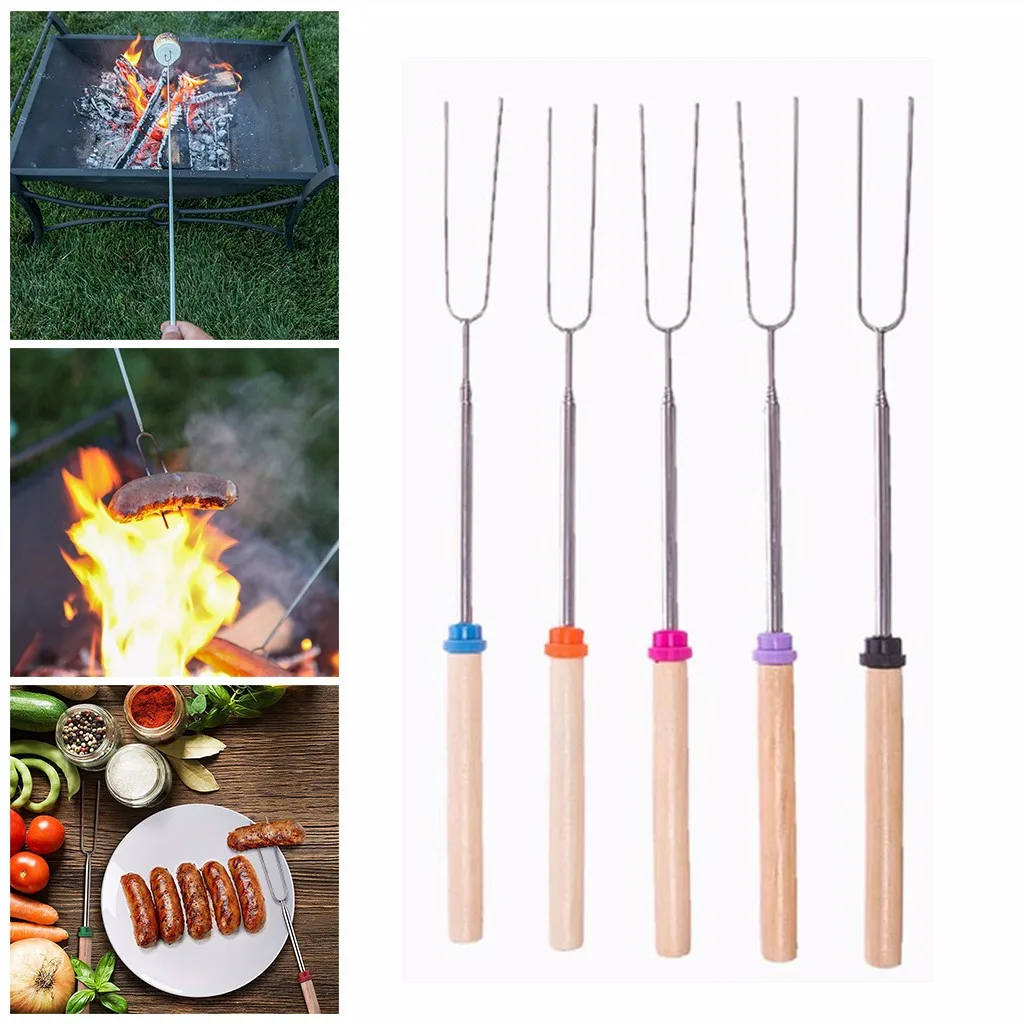 Stainless Steel Barbecue Fork Useful Wooden Handle BBQ Marshmallow Roasting Stick Extending Roaster Telescoping Tool #30 |