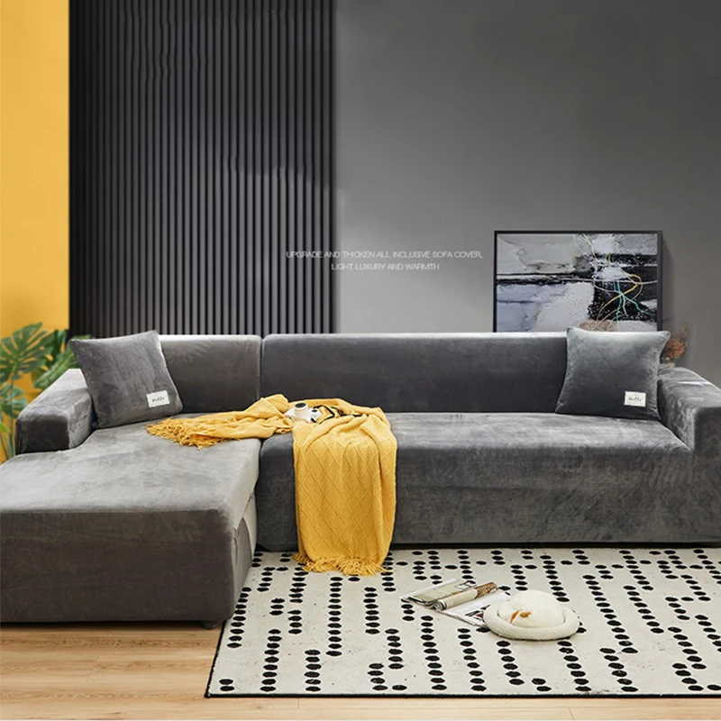 

Durable Elastic Velvet Plush Sofa Cover Solid Color 1/2/3/4 Seater Universal Couch Cover All-match Washable Slipcover
