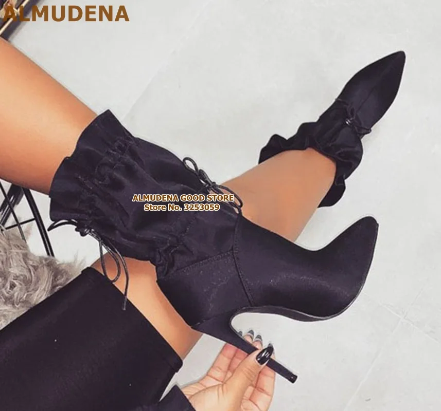 ALMUDENA/оранжевые камуфляжные ботинки на высоком каблуке; Разноцветные сапоги до середины икры с оборками в стиле пэчворк; платье на шнуровке с острым носком; туфли-лодочки