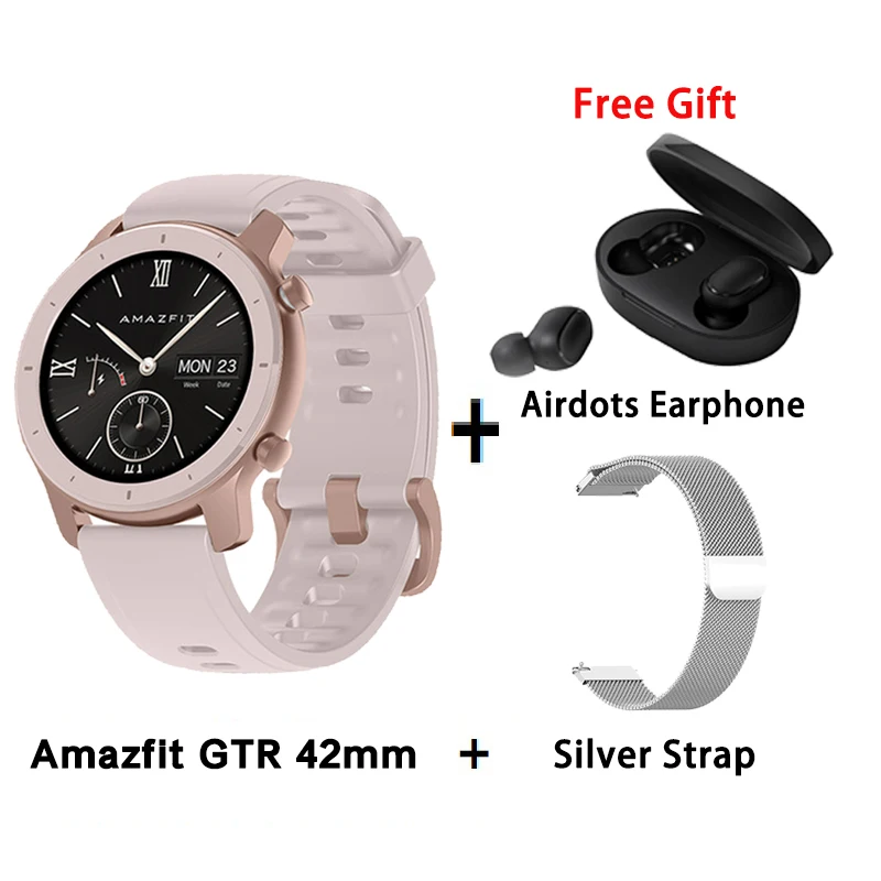 P add silver strap Глобальная версия Amazfit GTR 42 мм Смарт-часы AMOLED дисплей 5ATM женские и мужские умные часы gps и ГЛОНАСС BT5.0 для Xiaomi Phone IOS - Цвет: P add silver strap