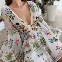 2021 floral embroidery sexy v neck dress mini vintage dress womens new mesh embroidery sexy cute lantern sleeve dress boho