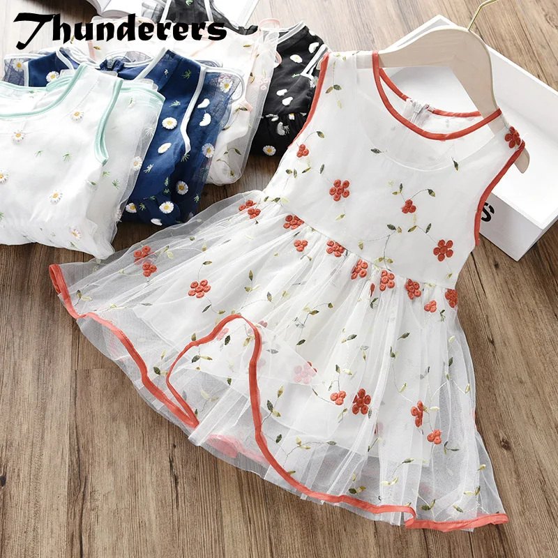 Thunderers Summer Kids Princess Dress Girl Sleeveless Printed Floral Mesh Party Casual Children Clothes | Детская одежда и обувь