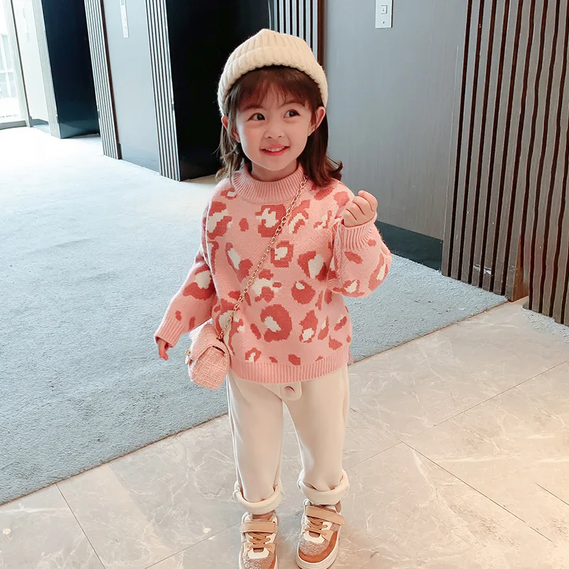 

New Spring Winter Girl Casual Sweater Children's Knitted Kids Pullover Warm Fashion Thicken Leopard Clothing High Quality 2021