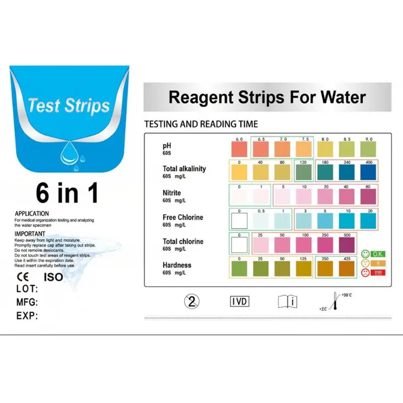 

50pcs Water Quality Analyzer Test Strips 6in1 Test Paper PH Chlorine AlkaliniNitrate Nitrite Fish Tank PH Testing Strips 32CC