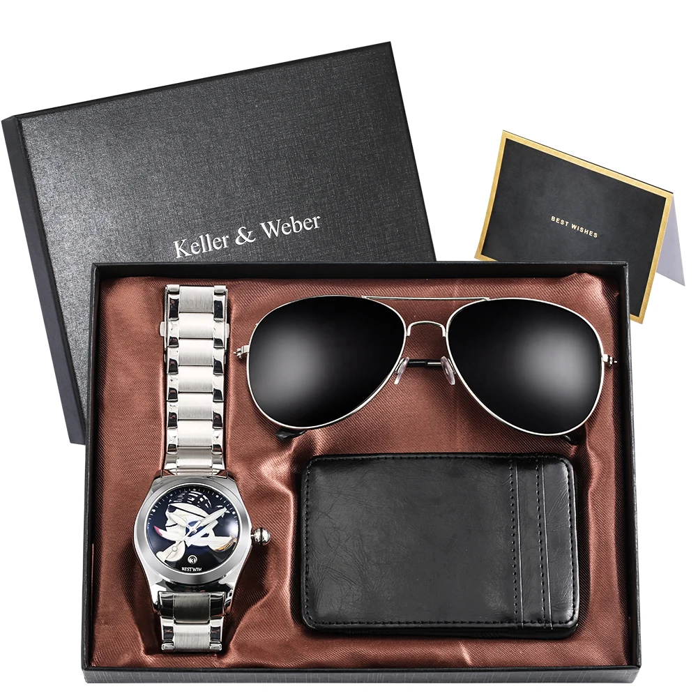 

Мужские часы, роскошный стиль, мужской кошелек, солнцезащитные очки, набор, модные повседневные кварцевые часы, водонепроницаемые часы, све...