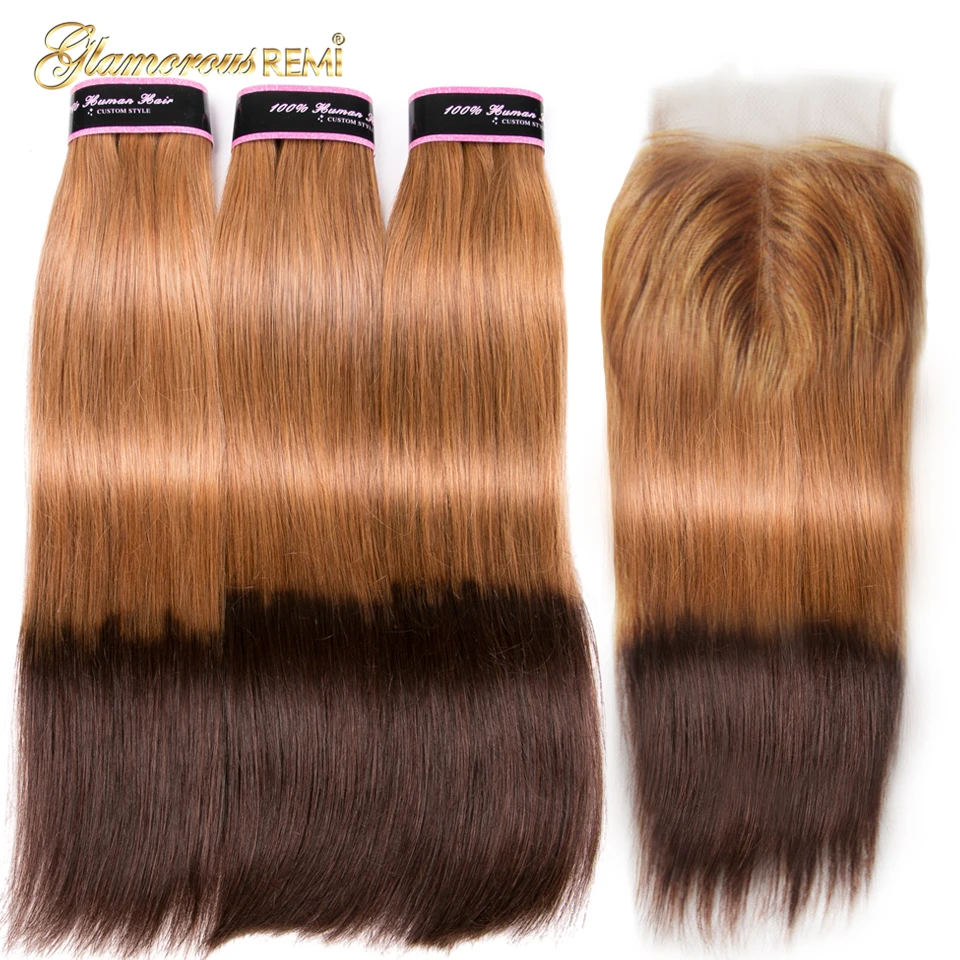 Золотисто коричневые прямые бразильские пряди Омбре T27/4 с застежкой 100%