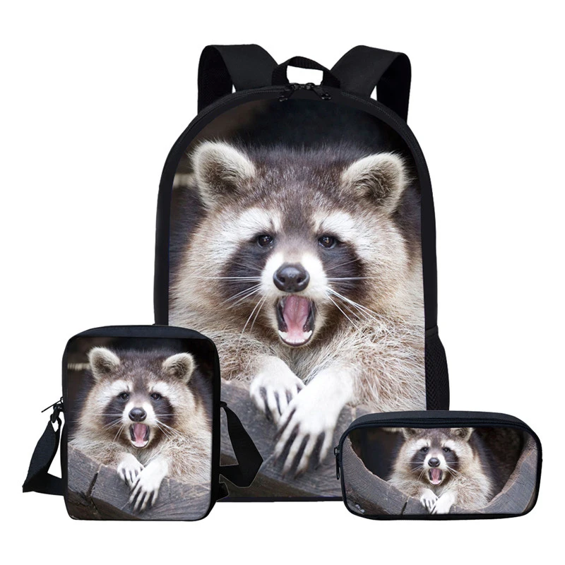

KUILIU Raccoon Children School Bags For Teenage Boys Kids 3 PCS/SET Animals Printing Satchel Backpack Messenger Bag Pen Case
