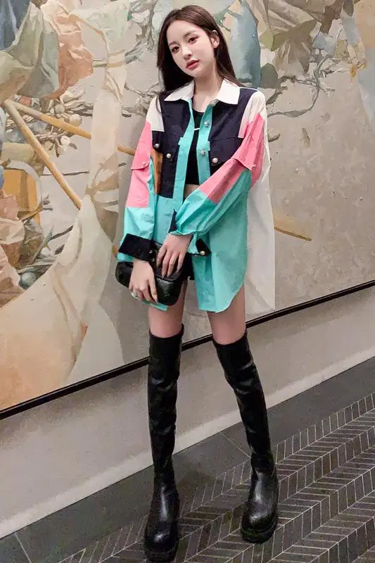 

COIGARSAM Loose Shirt Womens tops New Panelled Beading Turn-down Collar Women shirts Light Dark Blue 3706