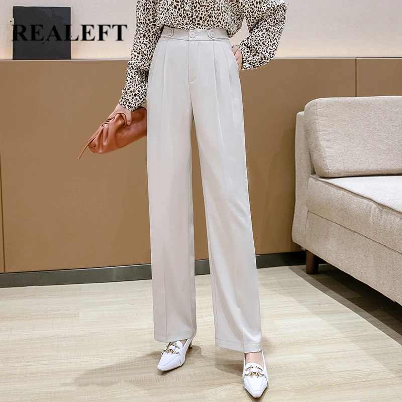 

REALEFT Autumn OL Style Button Women's Wide Leg Pants High Waist Formal Elegant Office Full Length Chic Trousers Female 2021 New