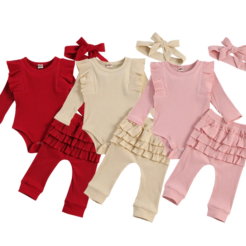 

New Born Baby Girl 100% Cotton Ribbed Suit Solid Color Crew Neck Lace Long Sleeve Top Ruffled Pants Hairband 3-piece Suits