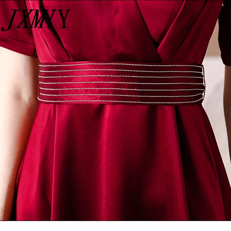 

Elegant Designers Summer Short Sleeve Asymmetrical Midi Cocktail Party Satin Dress Plus Size XXXL Women Clothing Office Robe
