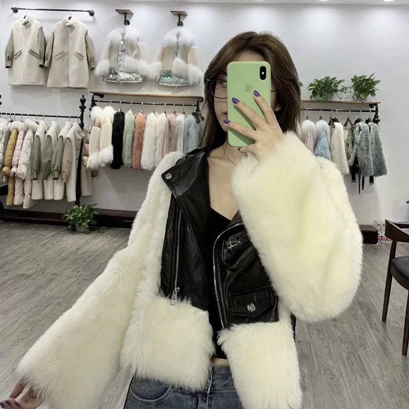 Новая стильная модная куртка из натуральной кожи Женская Шуба с кожаным ремнем