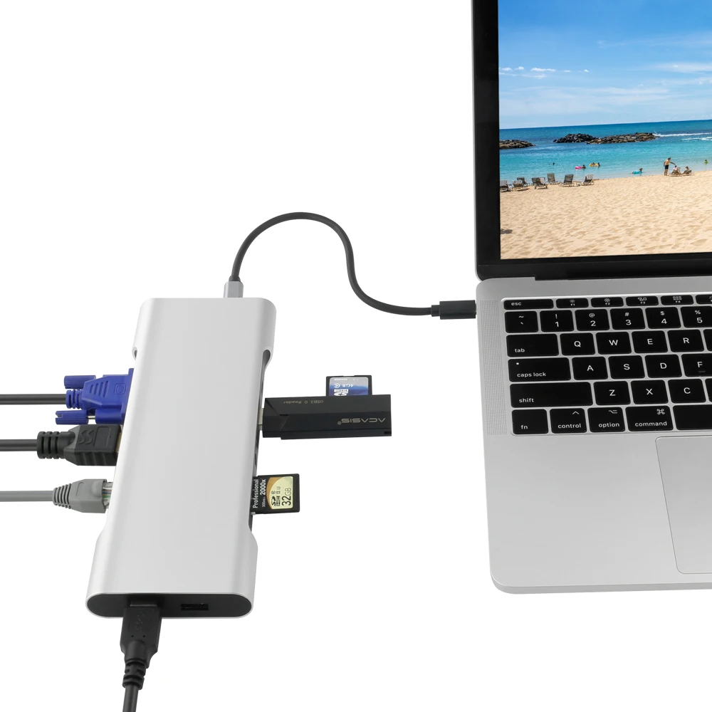 Док-станция Type c с алюминиевым кард-ридером HDMI RJ45 PD зарядное устройство аудио для