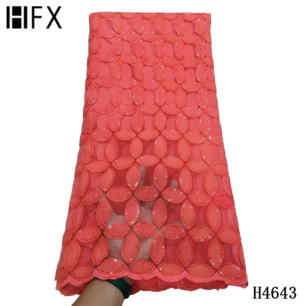 

HFX Latest Sequins French Peach Tulle Lace Fabric High Quality African Lace Fabric 2021 Net Lace Fabric Nigerian Lace 5 yards