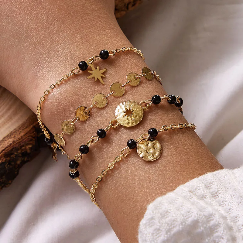 Tocona 4 шт./компл. богемные черные бусины браслеты со звездами для женщин золотой