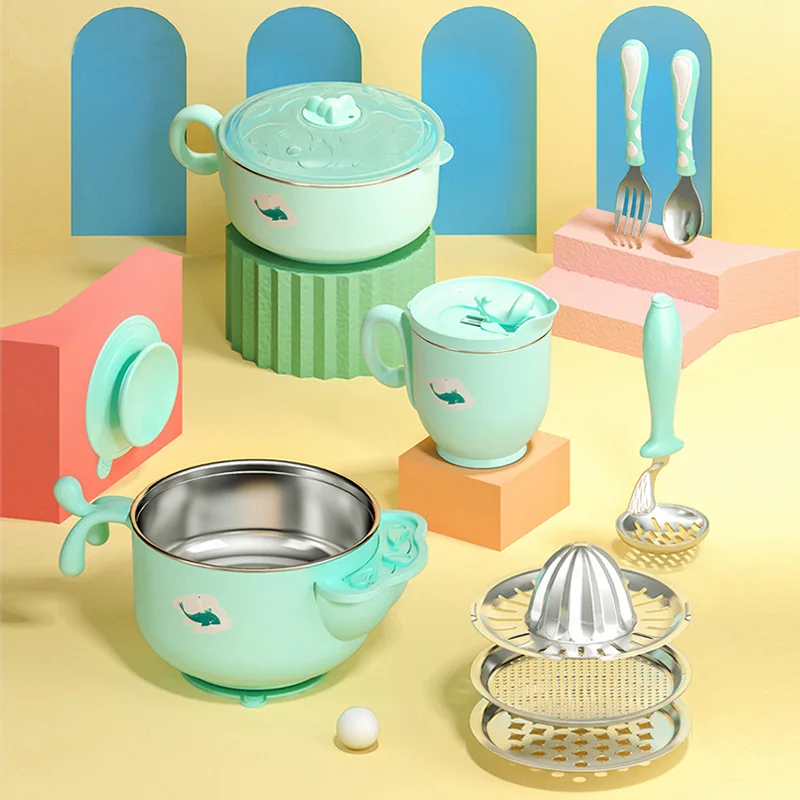 

Silicone Stainless Steel Warm Water-filled Sucker Bowl with Fork Spoon Lid Solid Food Self Feeding for Baby Kids Creative Gift