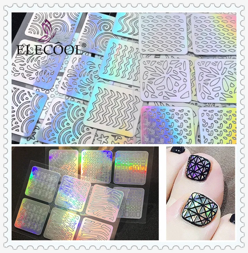ELECOOL 24/12 шт голографический лазер полые наклейки для ногтей Фольга Роуз огонь и с