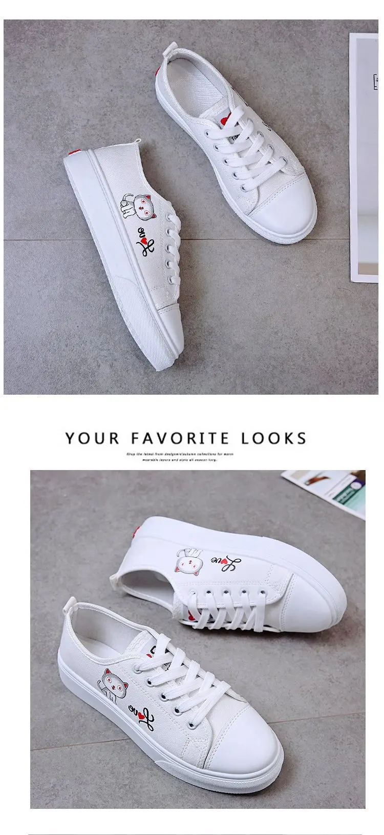 

Middle School Students Fashion Canvas Shoes Female 2019 Comfortable Flat Bottom Casual Lace-up Shoes Trend Cartoon White Shoes