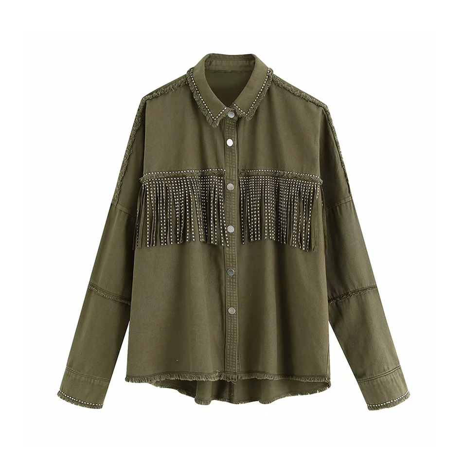 

Women Vintage Tassel Denim Jacket Coat 2021 Fashion Fringe Beaded Loose Long Sleeve Ladies Frayed Trim Outerwear Chaqueta Mujer