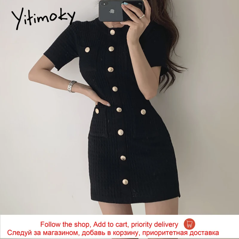 

Yitimoky Vintage Knitting Dresses Women Button Up Mini Dress Short Sleeve Pockets O-Neck Patchwork Casual New Summer 2021